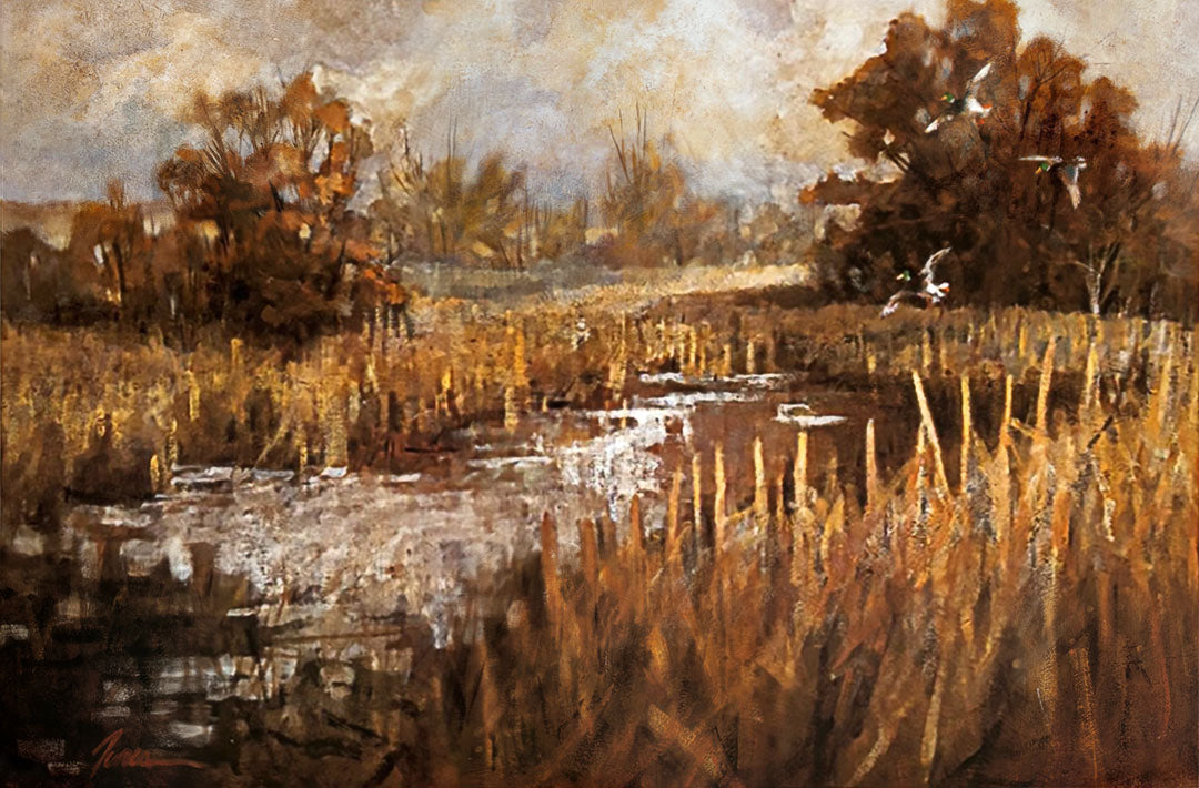 An impressionistic painting of a marsh landscape during autumn. A few mallard ducks fly through the scene.