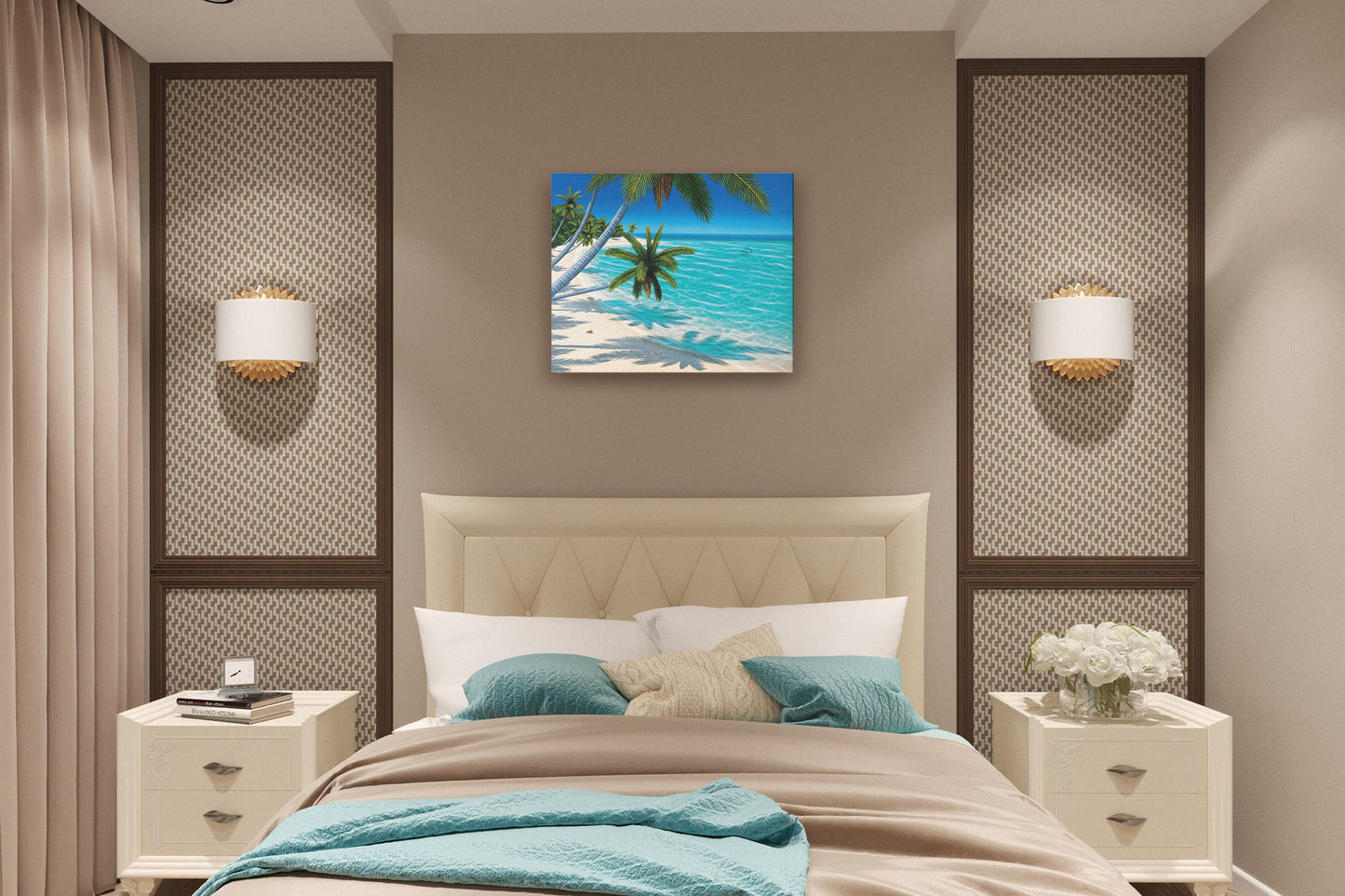 A painting hanging on a bedroom wall. A painting of a white sand beach with growing palm trees and conch shells. Sea turtles swim through the clear blue waters. Printed on canvas.