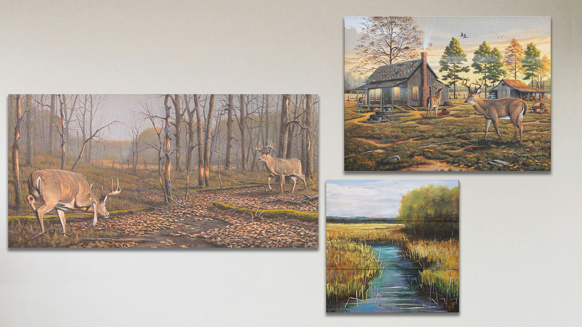 A collage of art in the standard Battleground package, including two canvas paintings about deer and a box board painting of a creek through a field.