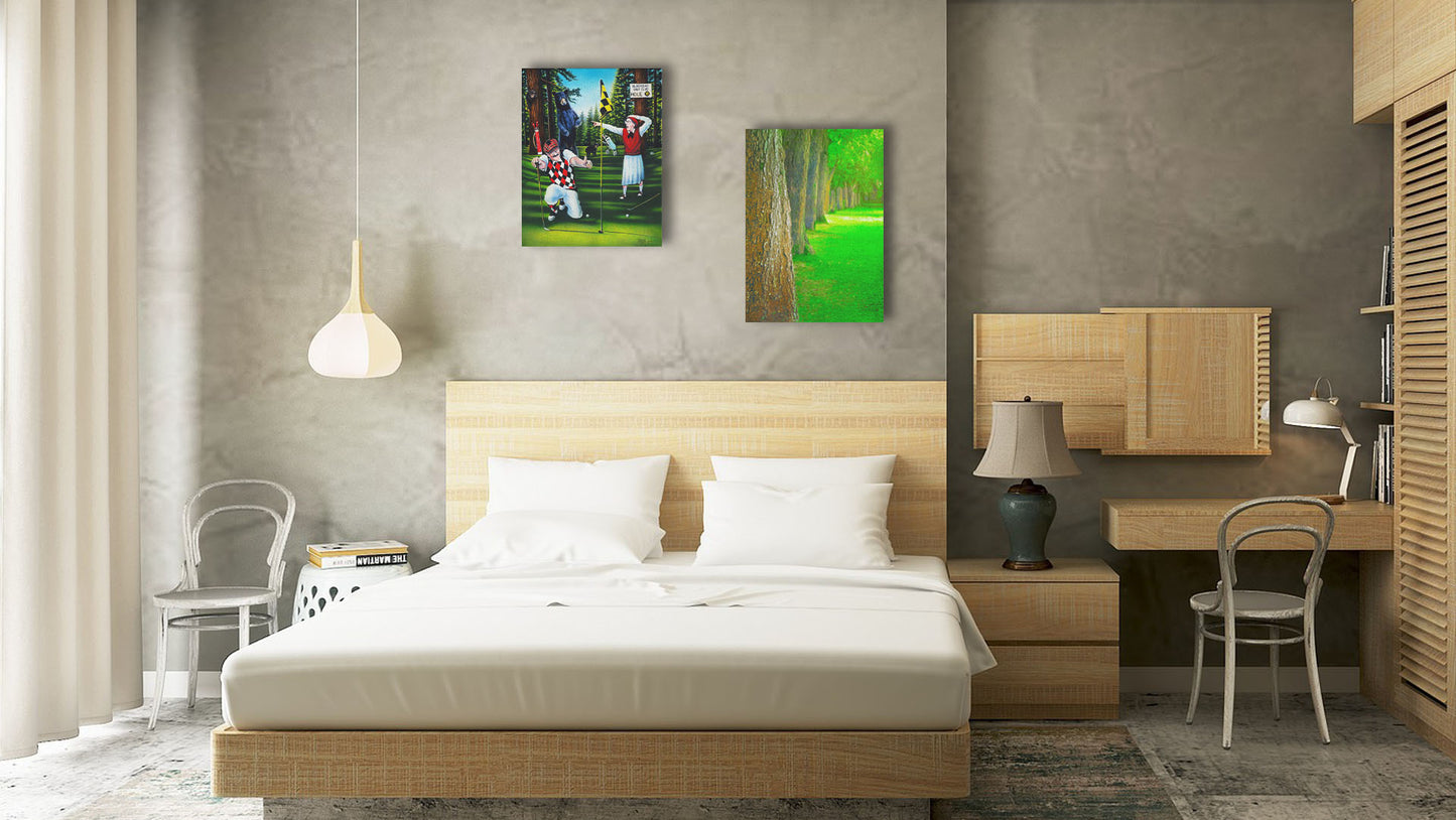 A painting and a photograph hanging on a bedroom wall. The former is a painting of two golfers lining up at the 18th hole to put. A family of bears stand behind them, much to their shock. Printed on canvas. The latter is a bright green photo looking down a line of trees' trunks. Printed on canvas.