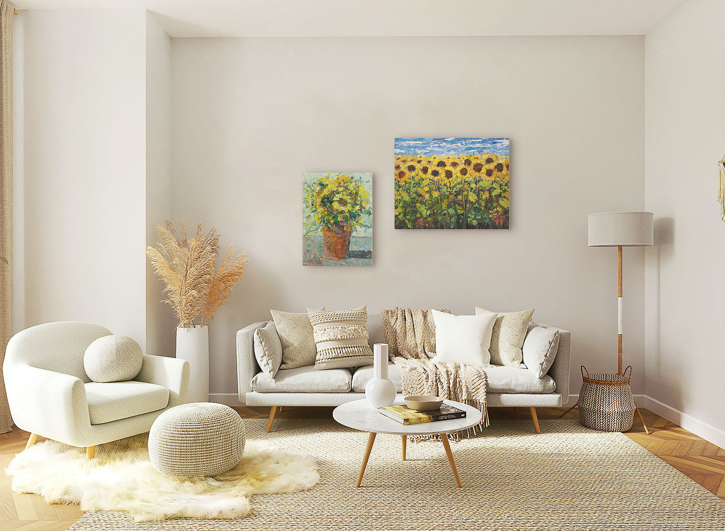 Two paintings hanging on a living room wall. The first is an expressive painting of an orange clay pot full of yellow sunflowers. Printed on canvas. The second is an expressive painting of a yellow field of sunflowers against a bright blue sky. It is highly textured with visible brushstrokes and thick paint. Printed on canvas.