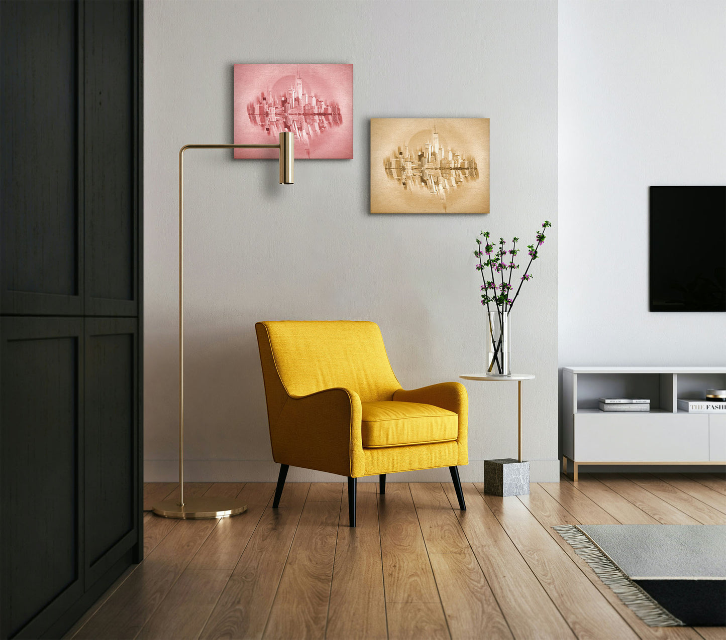 Two photographs hanging on a wall. The first is a fine art photo of the New York City skyline and its reflection, in a monochrome red palette. Printed on canvas. The second is a fine art photo of the New York City skyline and its reflection, in a monochrome gold palette. Printed on canvas.
