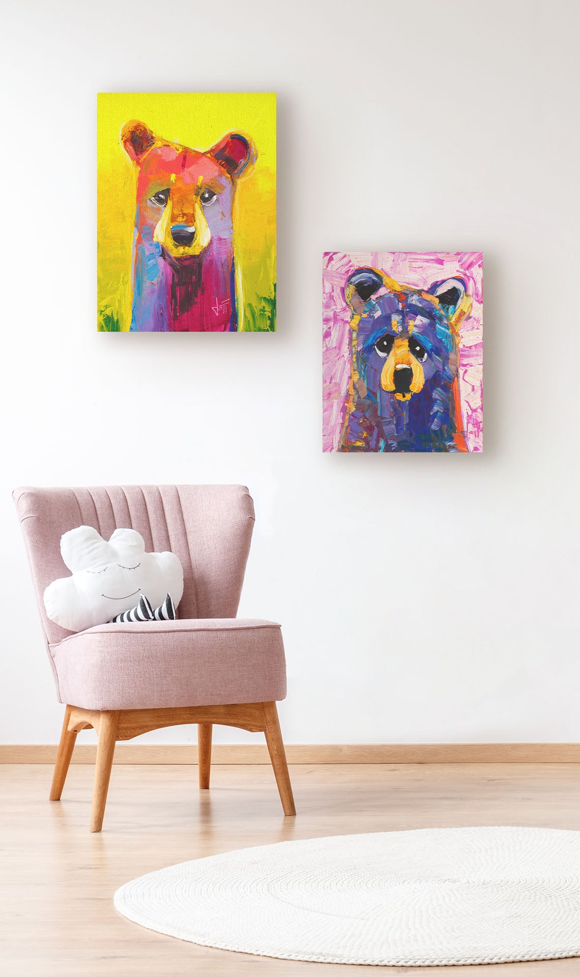 Two paintings hanging on a wall. The first is a painting of a simplified, stylized bear in vibrant pink and purple hues against a bold yellow backdrop. Printed on canvas. The second is an impasto painting of a simplified, stylized bear in purples and pinks, accented with yellows in large, energetic brushstrokes. Printed on canvas.