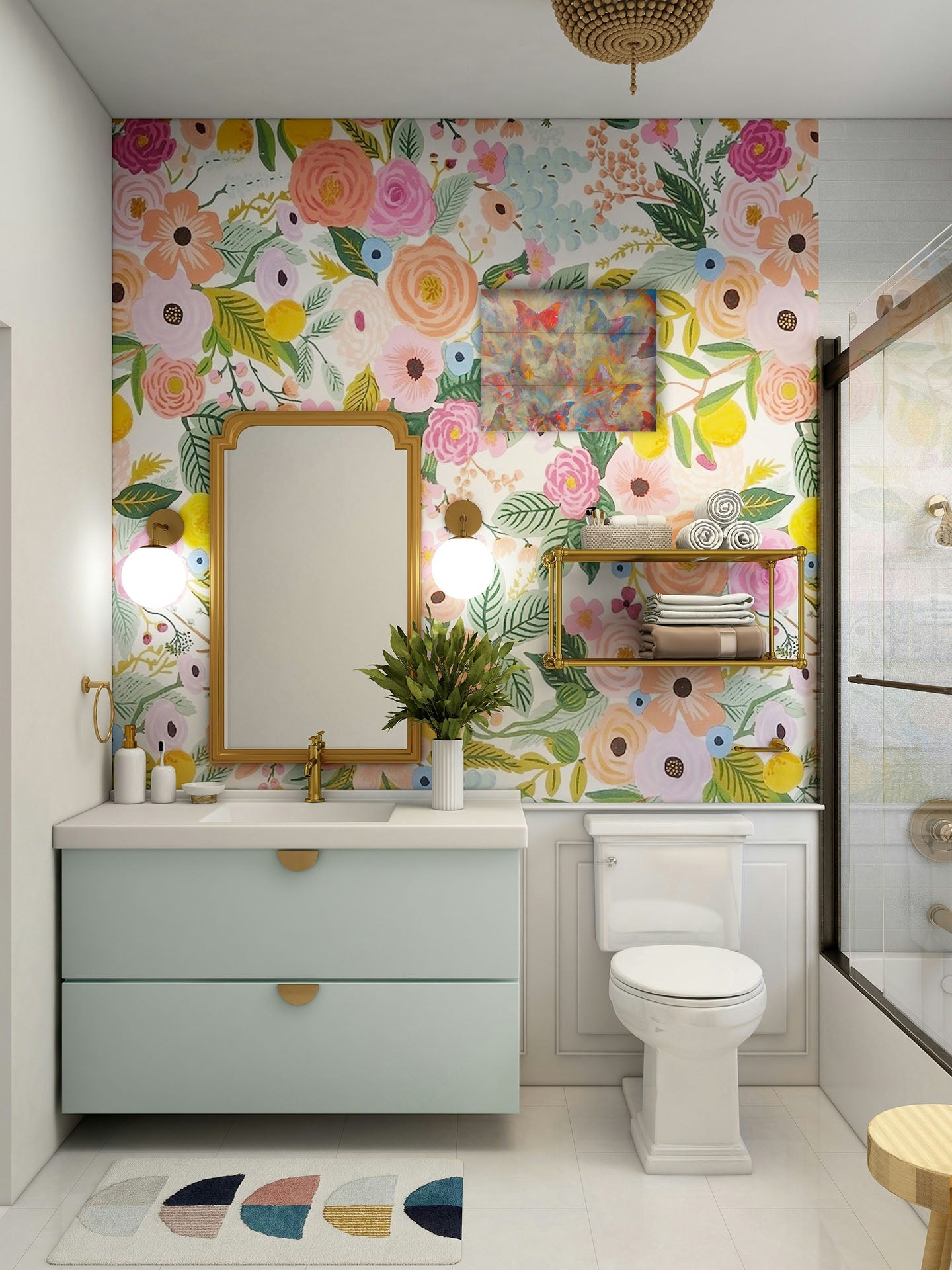 A painting hanging on a bathroom wall. An abstracted painting of a pattern of butterflies, created in an array of colors with textured brushstrokes. Printed on a box board.