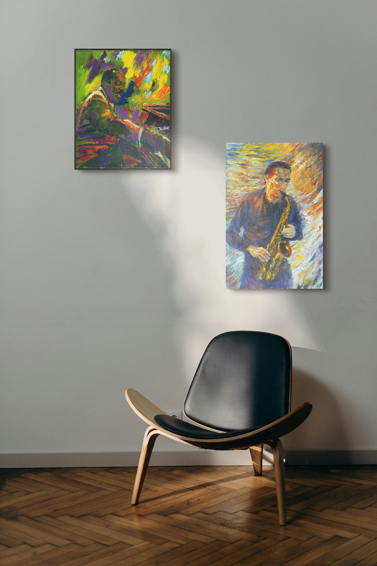 Two paintings hanging on a wall. The first is a painting of famed jazz pianist William James "Count" Basie playing the piano. Printed on canvas. The second is a painting of a man playing saxophone in a blue and orange color pallet with expressive brushstrokes. Printed on canvas.