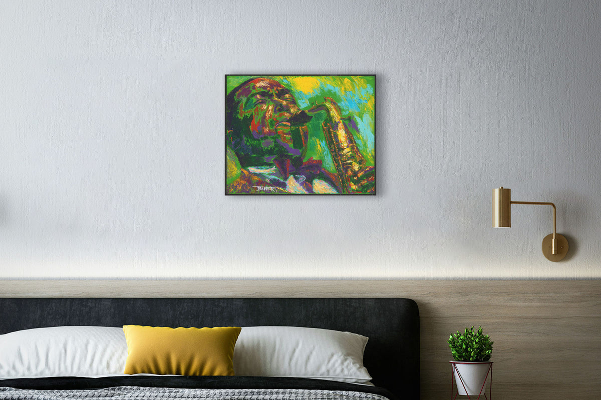 A painting hanging on a bedroom wall. A painting of jazz musician Charlie Parker, especially known for his contributions to bebop, playing his iconic alto saxophone. Printed on canvas.