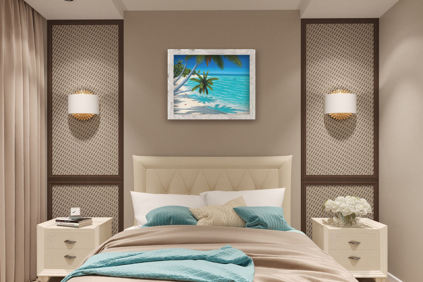 A painting hanging on a bedroom wall. A painting of a white sand beach with growing palm trees and conch shells. Sea turtles swim through the clear blue waters. Printed on canvas and framed.