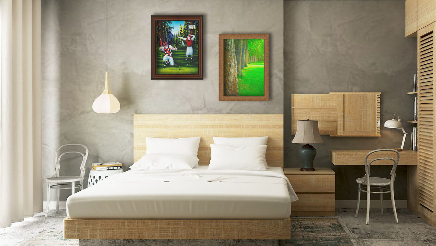 A painting and a photograph hanging on a bedroom wall. The former is a painting of two golfers lining up at the 18th hole to put. A family of bears stand behind them, much to their shock. Printed on canvas and framed. The latter is a bright green photo looking down a line of trees' trunks. Printed on canvas and framed.