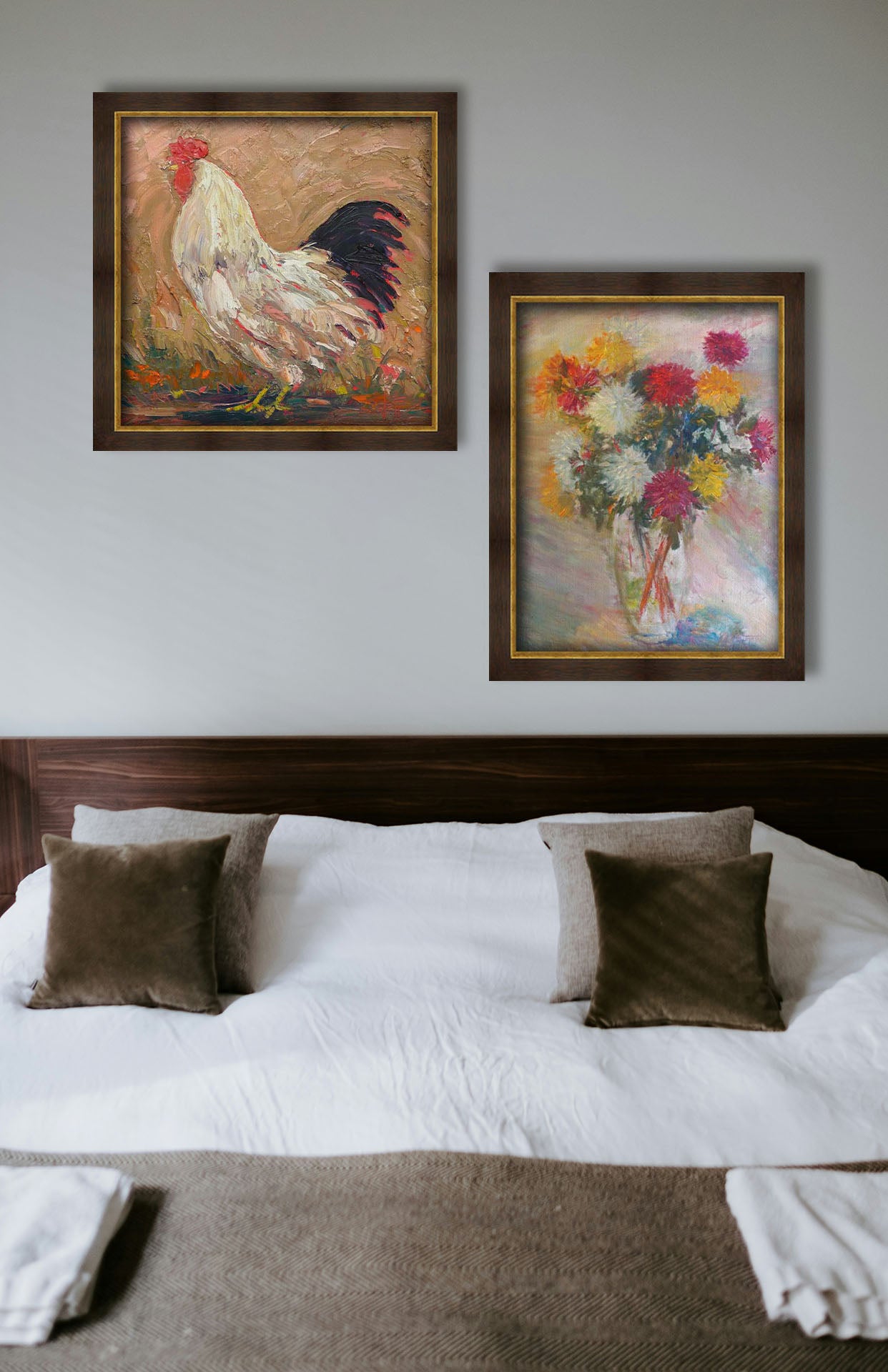 Two paintings hanging on a bedroom wall. The first is an expressive painting of a rooster against a tan background. Printed on canvas and framed. The second is a painting of a glass vase of red, white, and yellow flowers against a soft background. Printed on canvas and framed.