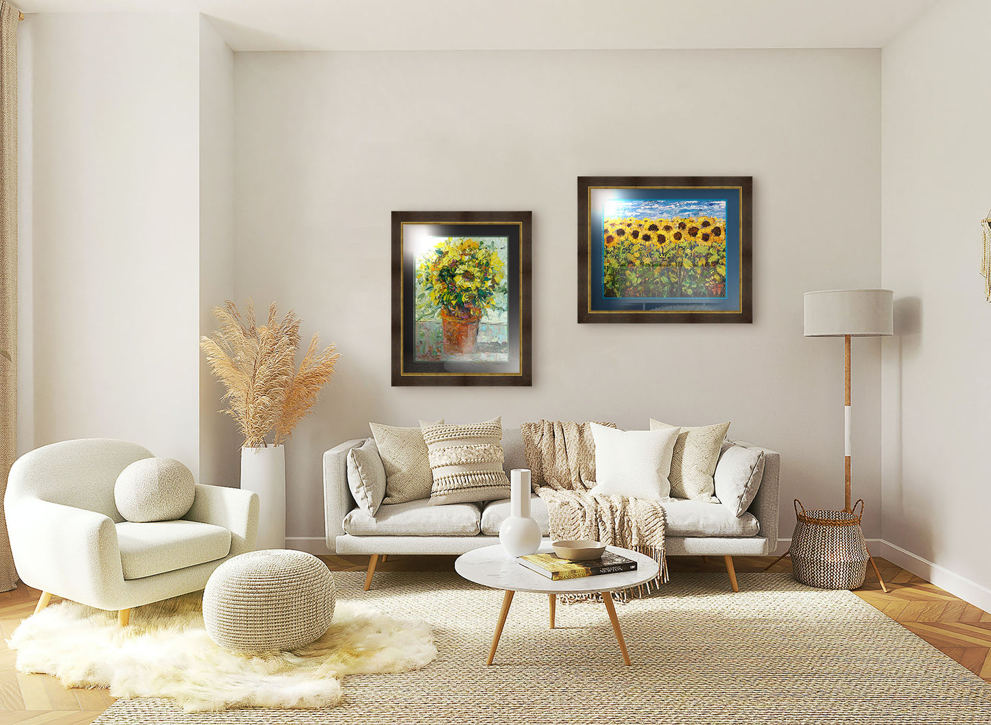 Two paintings hanging on a living room wall. The first is an expressive painting of an orange clay pot full of yellow sunflowers. Printed on paper, matted, and framed. The second is an expressive painting of a yellow field of sunflowers against a bright blue sky. It is highly textured with visible brushstrokes and thick paint. Printed on paper, matted, and framed.