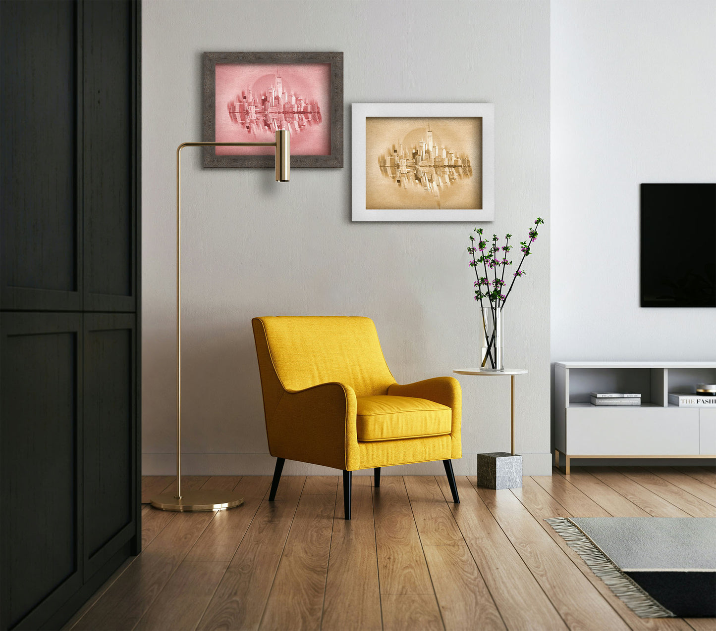 Two photographs hanging on a wall. The first is a fine art photo of the New York City skyline and its reflection, in a monochrome red palette. Printed on canvas and framed. The second is a fine art photo of the New York City skyline and its reflection, in a monochrome gold palette. Printed on canvas and framed.