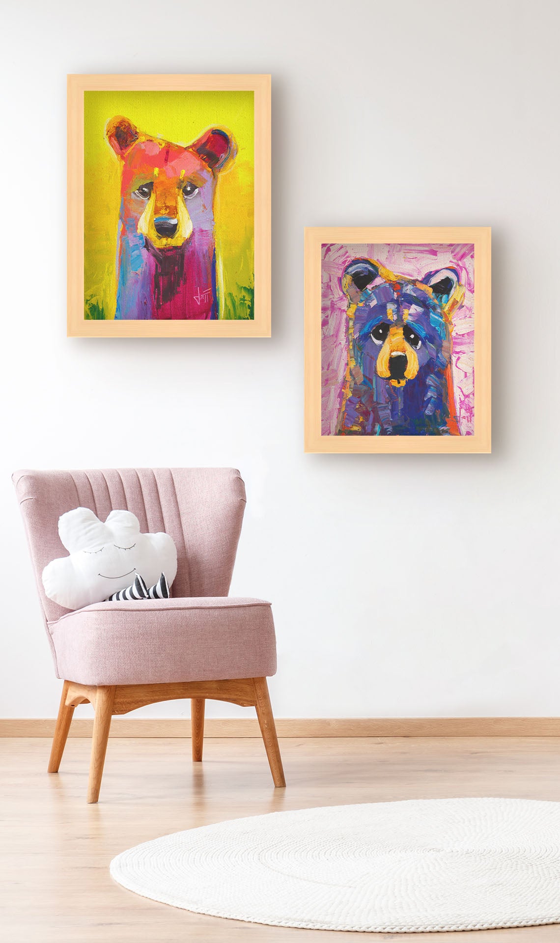 Two paintings hanging on a wall. The first is a painting of a simplified, stylized bear in vibrant pink and purple hues against a bold yellow backdrop. Printed on canvas and framed. The second is an impasto painting of a simplified, stylized bear in purples and pinks, accented with yellows in large, energetic brushstrokes. Printed on canvas and framed.