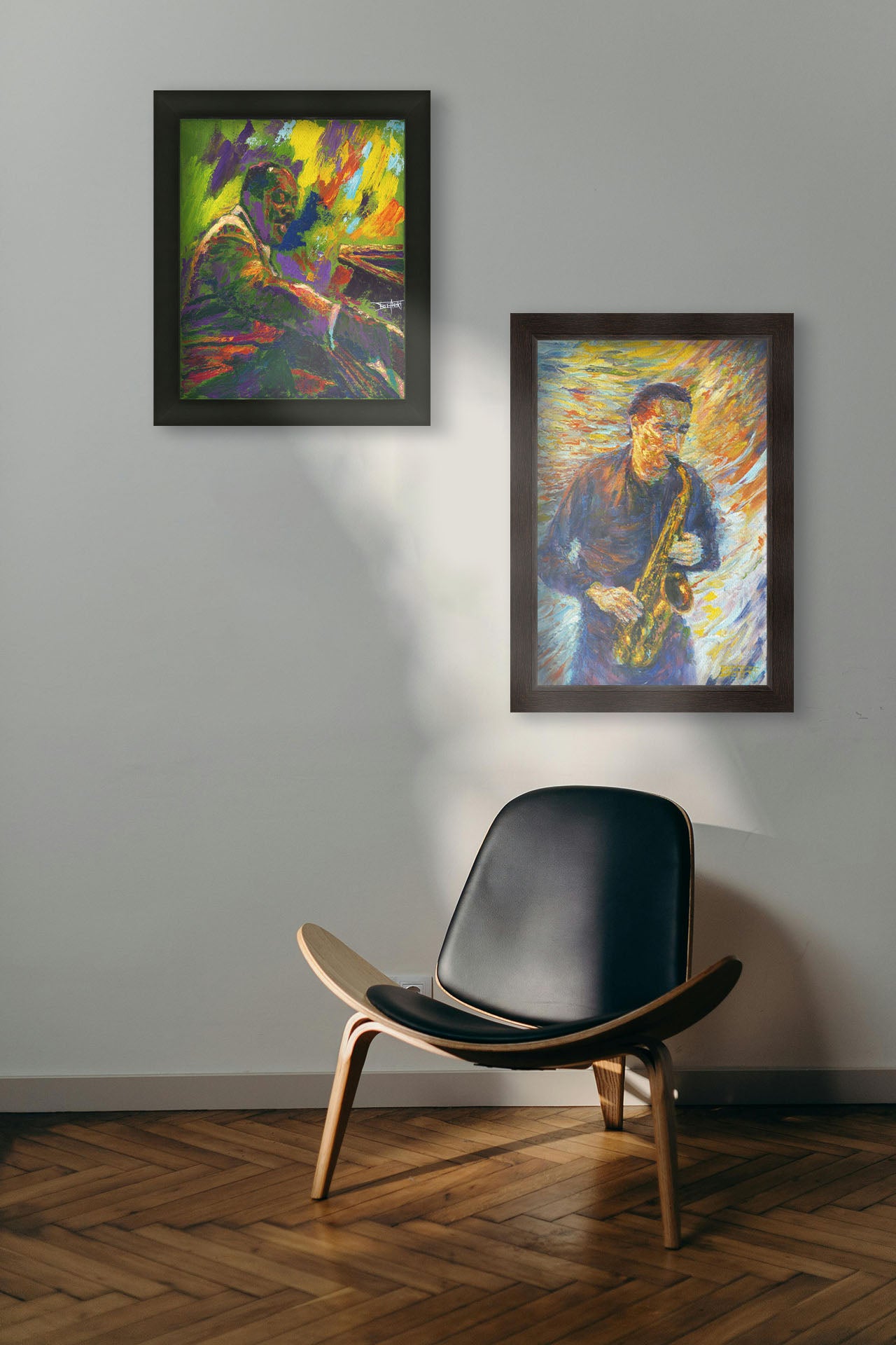 Two paintings hanging on a wall. The first is a painting of famed jazz pianist William James "Count" Basie playing the piano. Printed on canvas and framed. The second is a painting of a man playing saxophone in a blue and orange color pallet with expressive brushstrokes. Printed on canvas and framed.