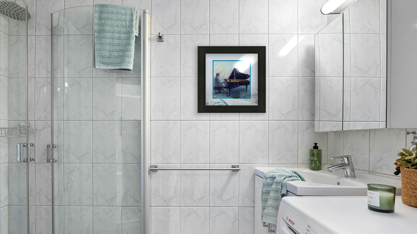 A painting hanging on a bathroom wall. A painting of a person sitting and playing piano. Printed on paper, matted, and framed.