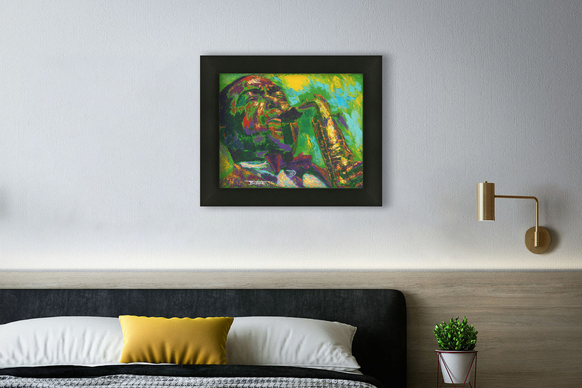 A painting hanging on a bedroom wall. A painting of jazz musician Charlie Parker, especially known for his contributions to bebop, playing his iconic alto saxophone. Printed on canvas and framed.