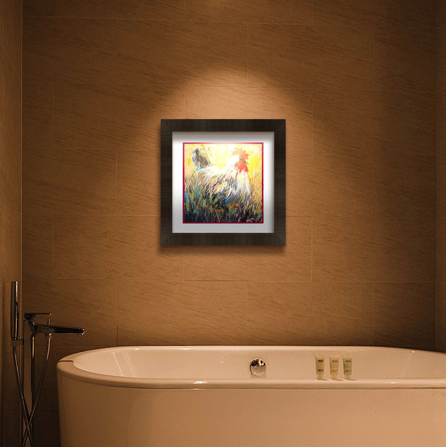 A painting hanging on a bathroom wall. An expressive painting of a rooster sitting in the grass. Printed on paper, matted, and framed.