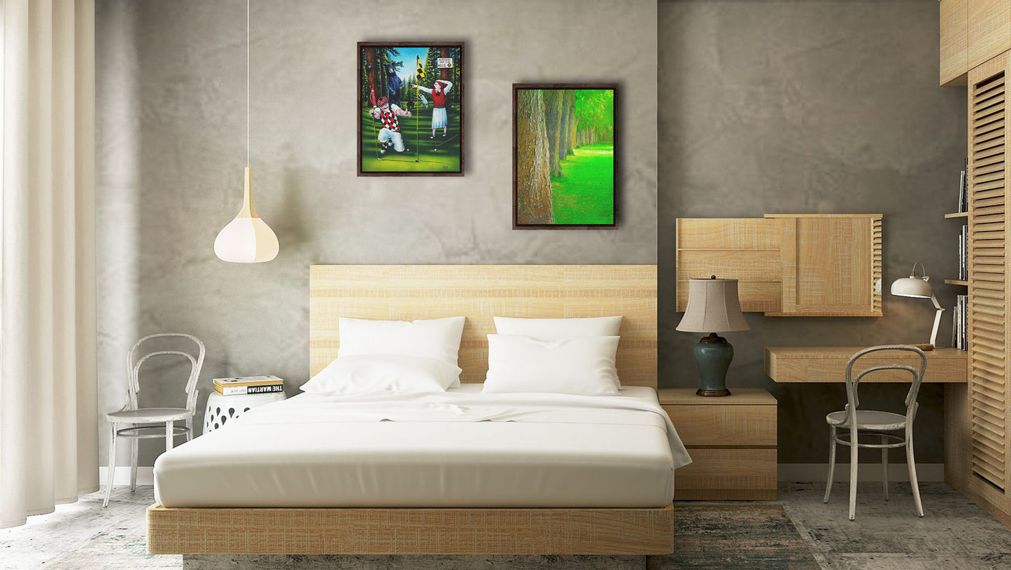 A painting and a photograph hanging on a bedroom wall. The former is a painting of two golfers lining up at the 18th hole to put. A family of bears stand behind them, much to their shock. Printed on canvas in a float frame. The latter is a bright green photo looking down a line of trees' trunks. Printed on canvas in a float frame.