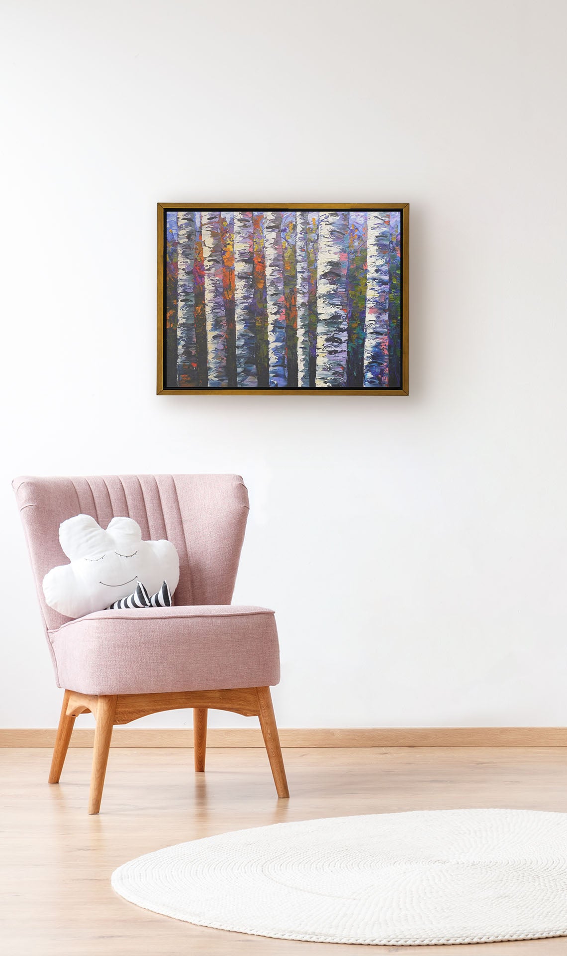 A painting hanging on a wall. An expressive impasto painting of a birch forest. Parallel white trunks shadowed with blue and purple are backed by a rainbow of leaves. Printed on canvas in a float frame.