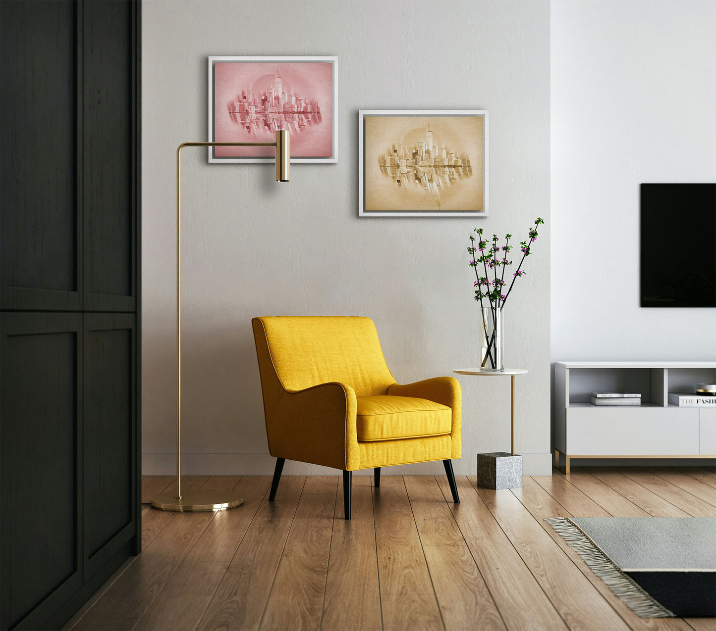 Two photographs hanging on a wall. The first is a fine art photo of the New York City skyline and its reflection, in a monochrome red palette. Printed on canvas in a float frame. The second is a fine art photo of the New York City skyline and its reflection, in a monochrome gold palette. Printed on canvas in a float frame.