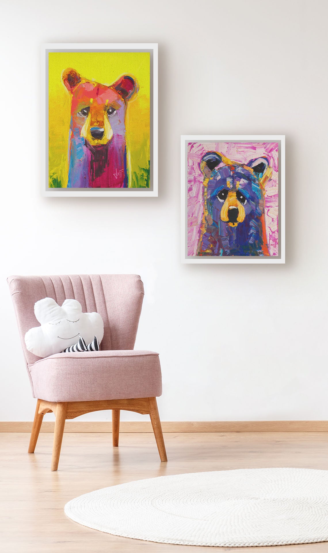 Two paintings hanging on a wall. The first is a painting of a simplified, stylized bear in vibrant pink and purple hues against a bold yellow backdrop. Printed on canvas in a float frame. The second is an impasto painting of a simplified, stylized bear in purples and pinks, accented with yellows in large, energetic brushstrokes. Printed on canvas in a float frame.