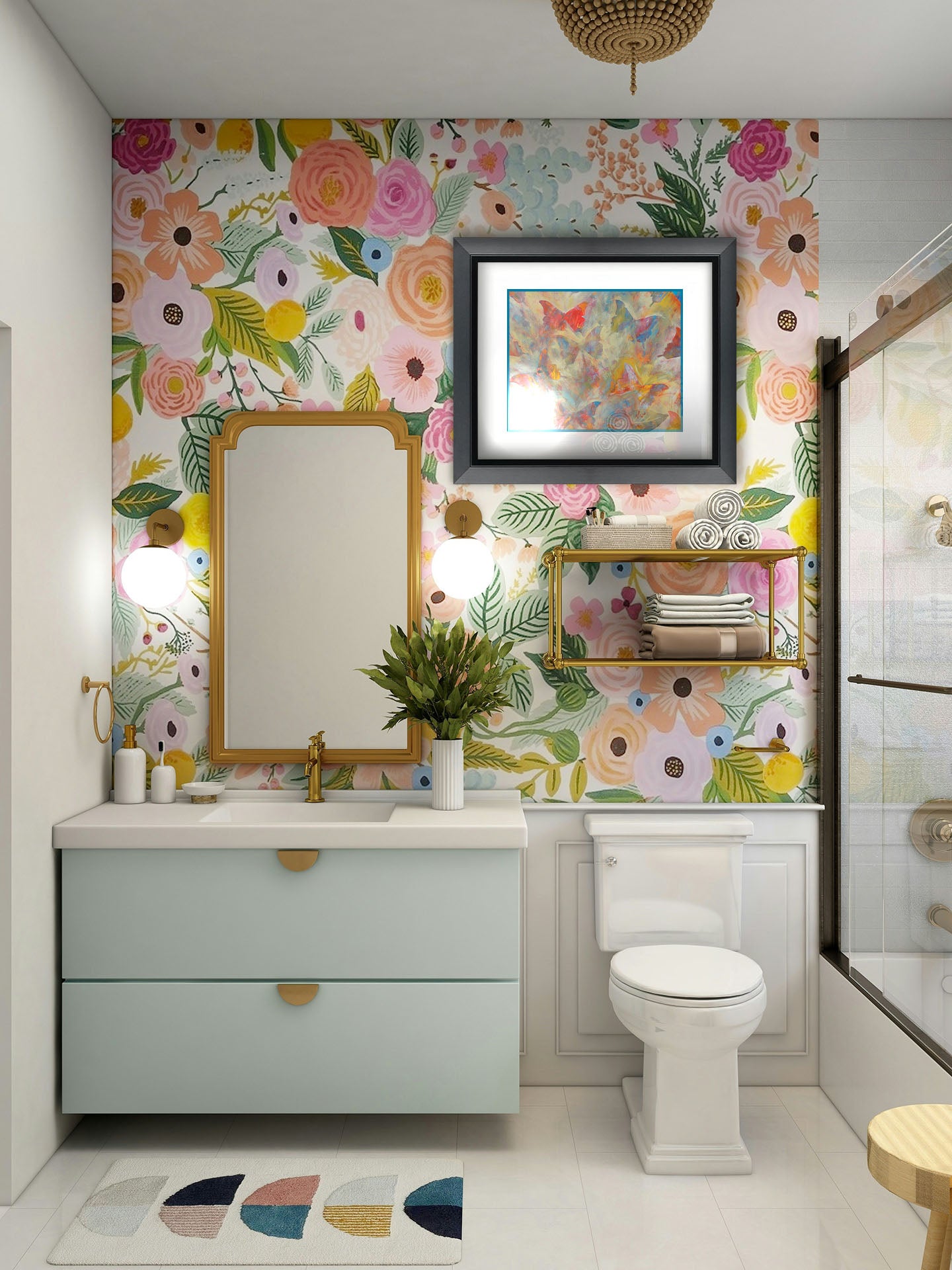 A painting hanging on a bathroom wall. An abstracted painting of a pattern of butterflies, created in an array of colors with textured brushstrokes. Printed on a paper, matted, and framed.