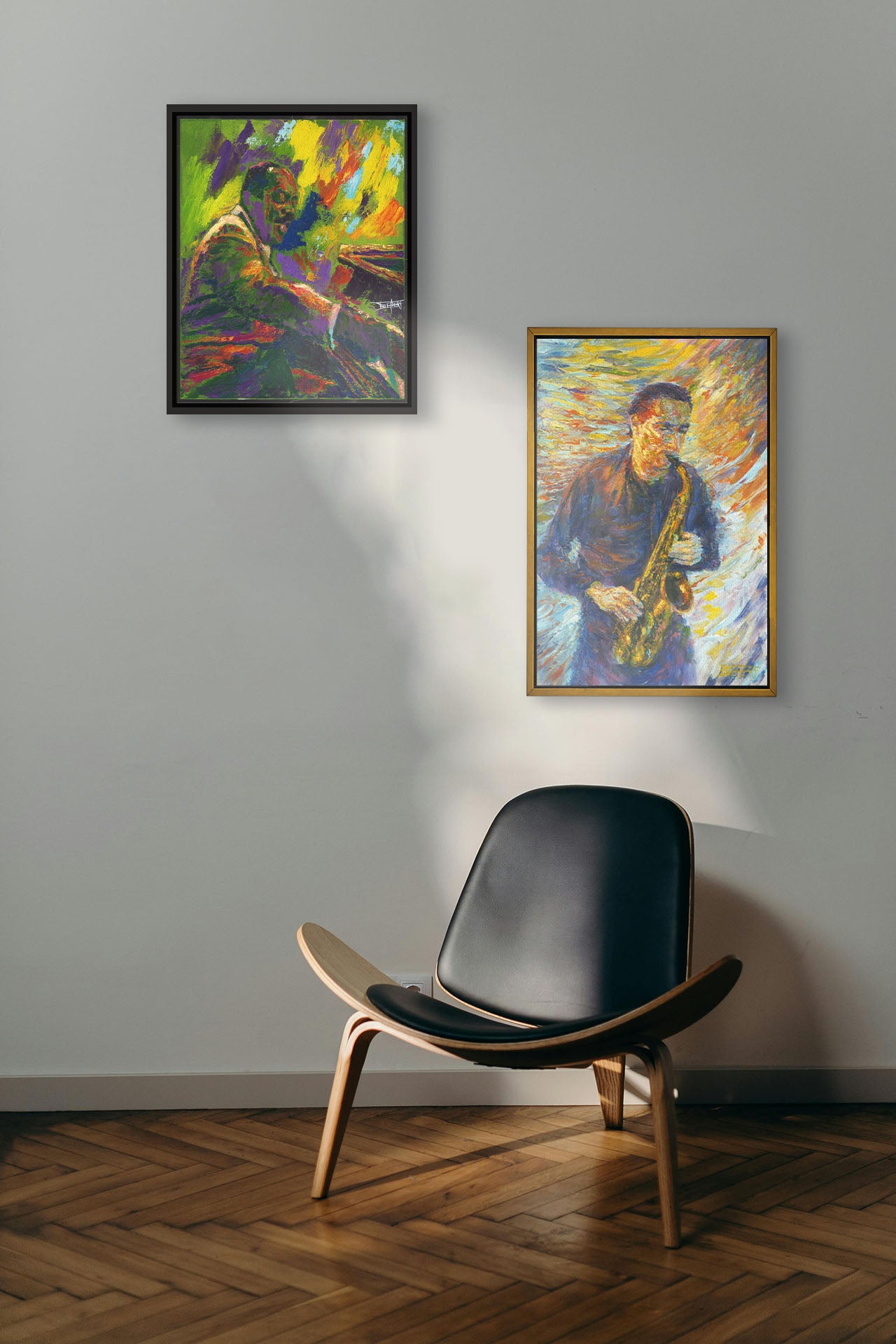 Two paintings hanging on a wall. The first is a painting of famed jazz pianist William James "Count" Basie playing the piano. Printed on canvas in a float frame. The second is a painting of a man playing saxophone in a blue and orange color pallet with expressive brushstrokes. Printed on canvas in a float frame.