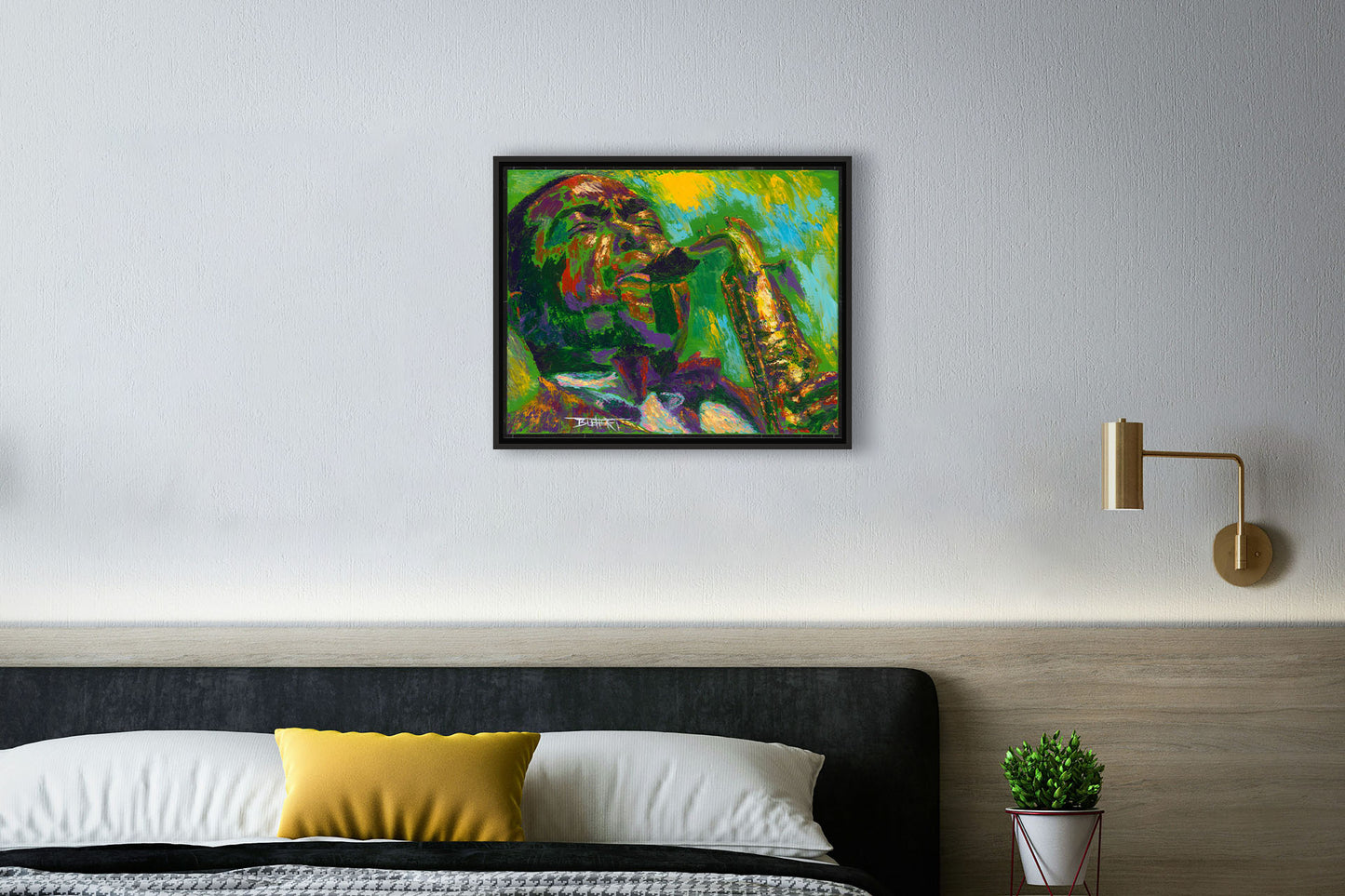 A painting hanging on a bedroom wall. A painting of jazz musician Charlie Parker, especially known for his contributions to bebop, playing his iconic alto saxophone. Printed on canvas in a float frame.