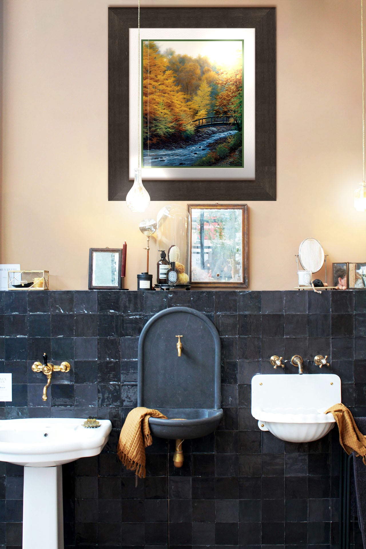 A painting hanging on a bathroom wall. A painting of a forest stream, passing under an arched bridge. The trees are changing to yellow and orange for the fall season. Printed on paper, matted, and framed.