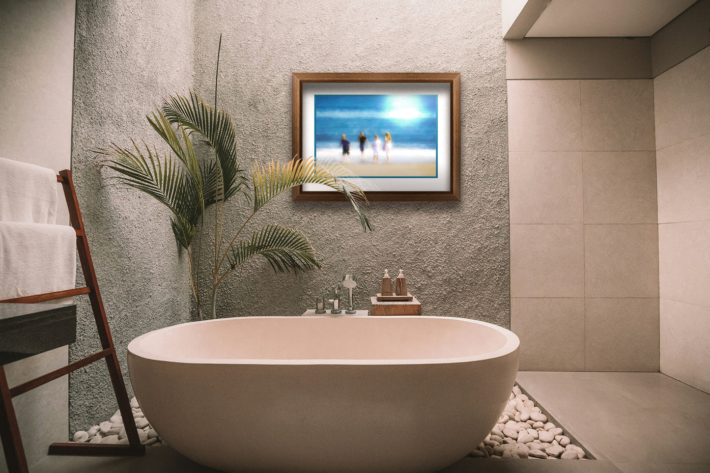 A photograph hanging on a bathroom wall. A photograph of four children walking on the beach by the water's edge. It is edited with an effect that gives it a painterly, dreamlike quality. Printed on paper, matted, and framed.