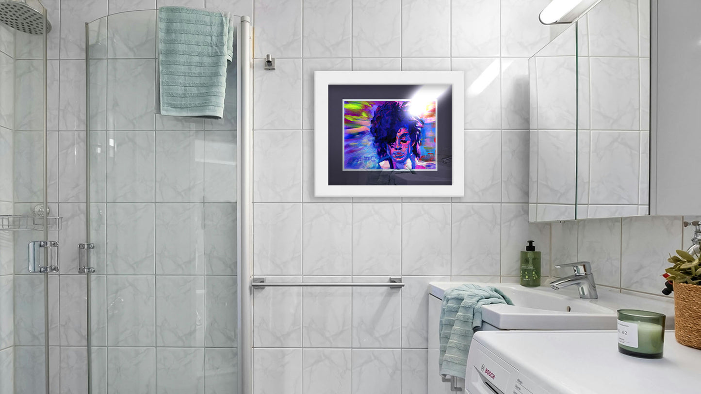 A painting hanging on a bathroom wall. A painting of legendary musician Prince, painted in arbitrary color with visible brushstrokes. Printed on paper, matted, and framed.