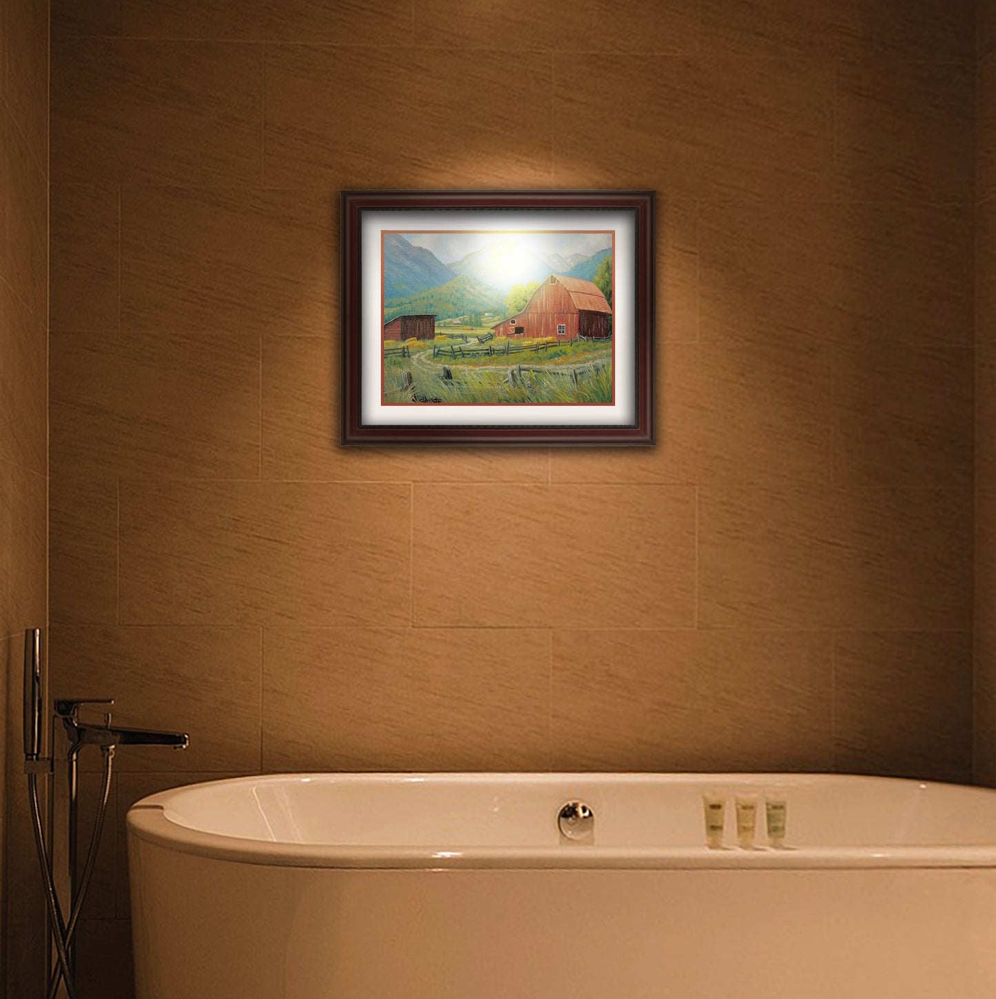 A painting hanging on a bathroom wall. A painting of a red barn and shed surrounded by green pastures. Forested mountains stand tall in the background. Printed on paper, matted, and framed.