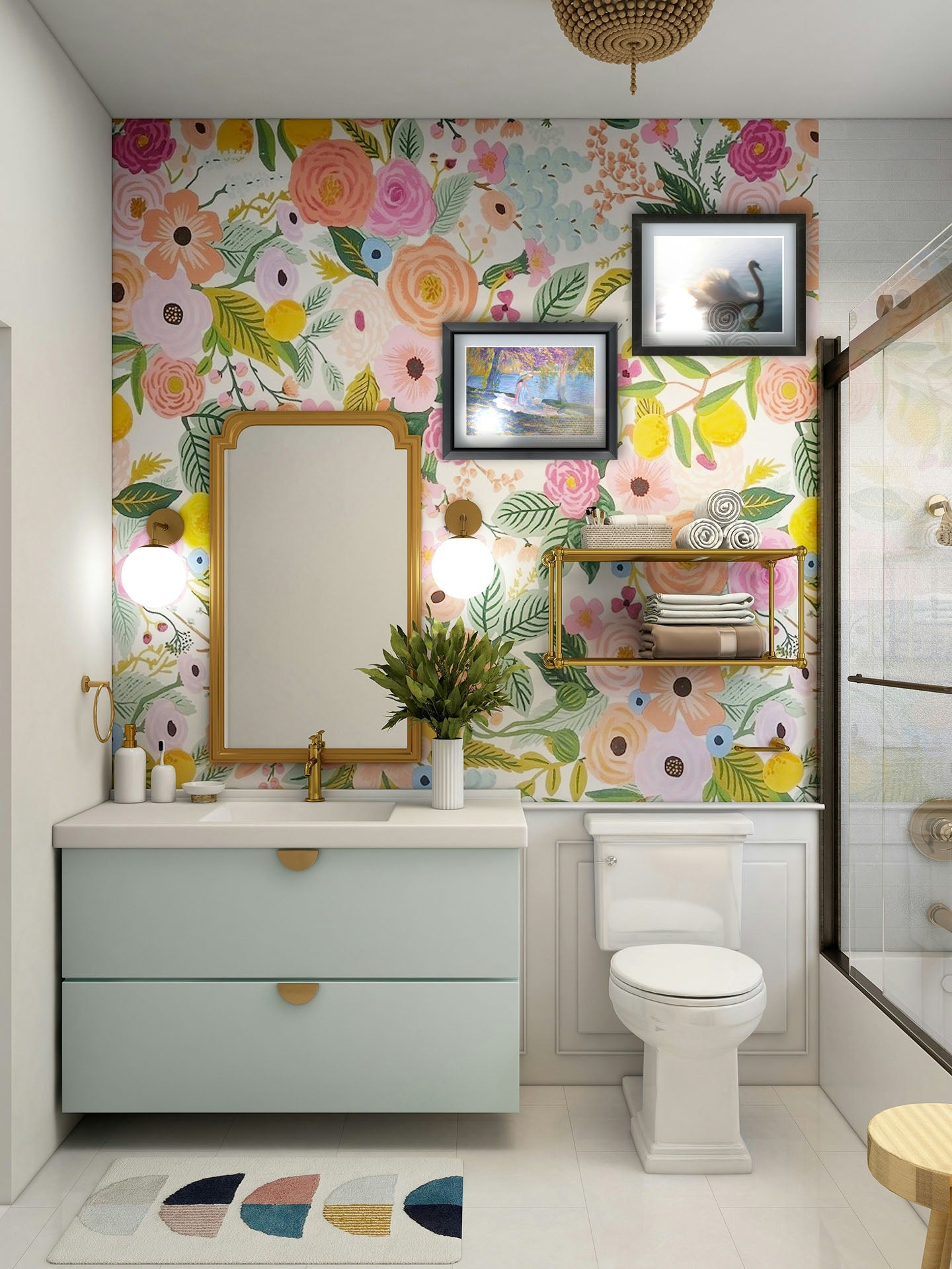 A painting and a photograph hanging on a bathroom wall. The prior is a painting of a person in a dress and sunhat, sitting on a blanket in the shade of trees by a lake, reading a book. Printed on paper, matted, and framed. The latter is a photograph of a swan swimming across the water. Sunlight reflects strongly on the surrounding water, creating a glow. The photo is edited with a painterly appearance. Printed on paper, matted, and framed.