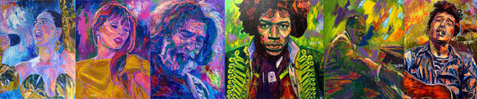 Collage of celebrity musician paintings by Robert Blehert, including Katy Perry, Taylor Swift, Jerry Garcia of the Grateful Dead, Jimi Hendrix, Count Basie, and Bob Dylan..