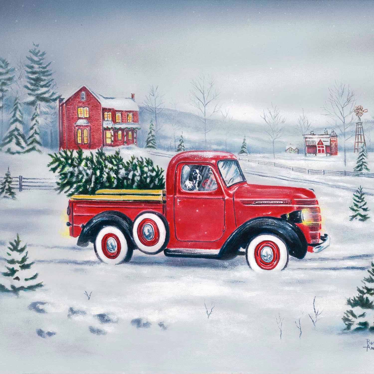 Painting of a red truck carrying a freshly felled christmas tree, driving through the snow.