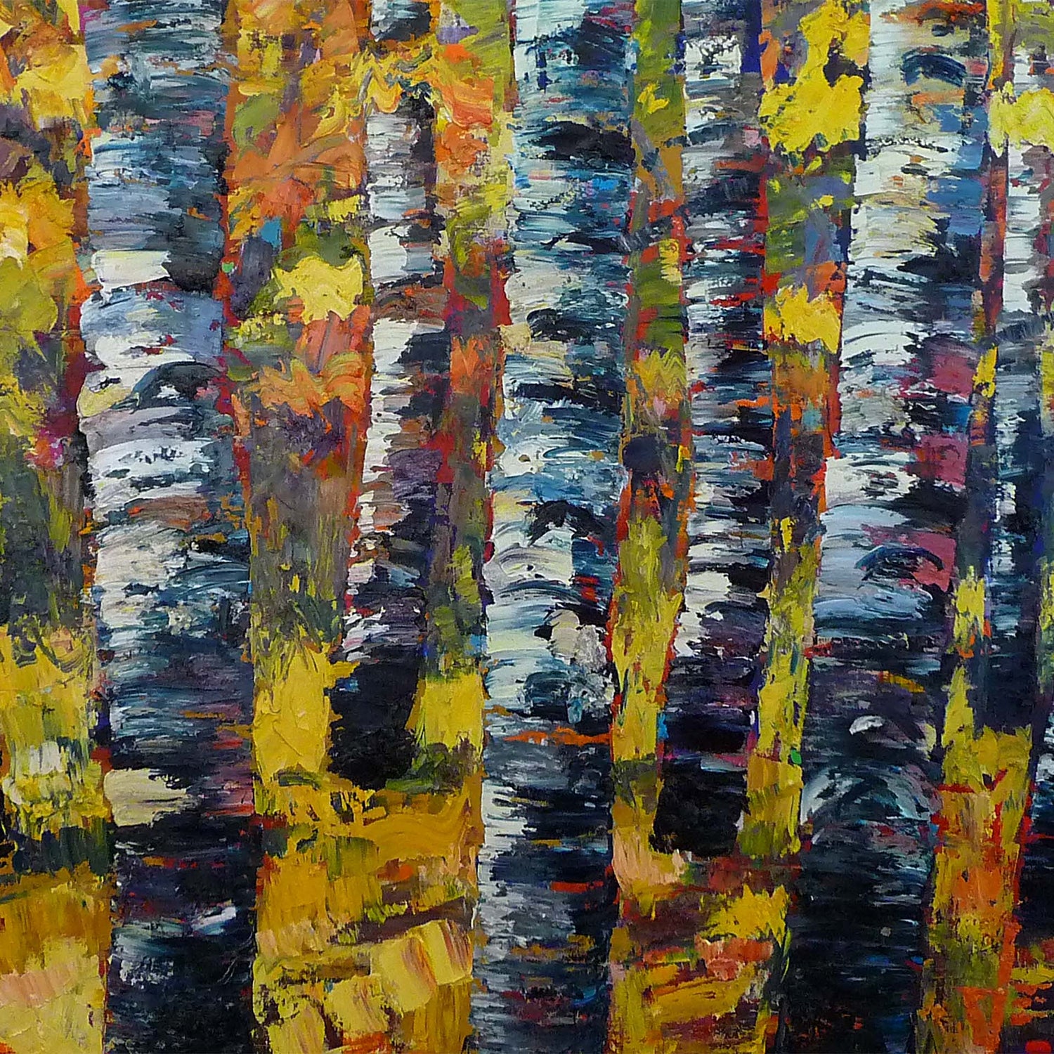 Painting of a forest of birch trees trunks up close, with yellow, orange, green, and red foliage.