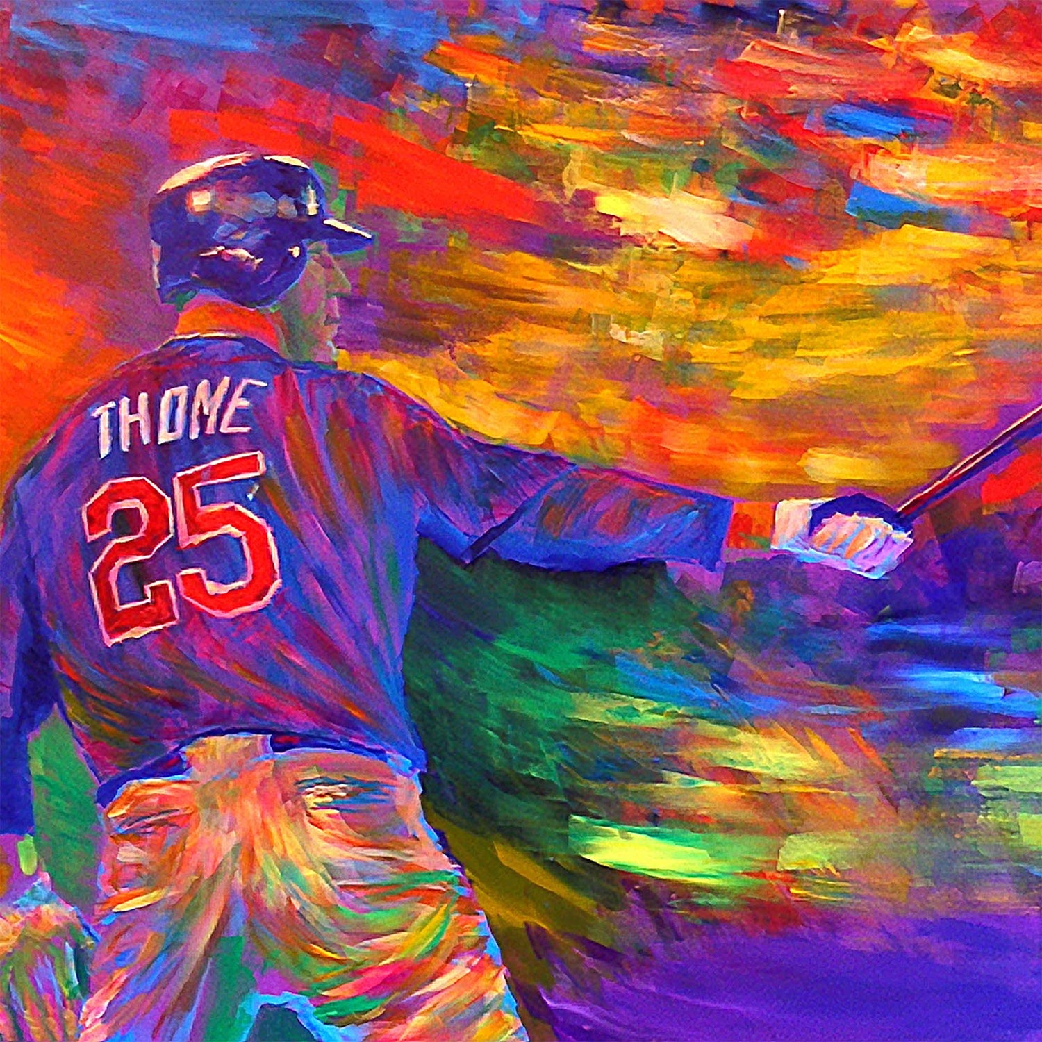 A painting of baseball player Jim Thome holding a baseball bat. It is painted using arbitrary color, in a vibrant spectrum of hues.