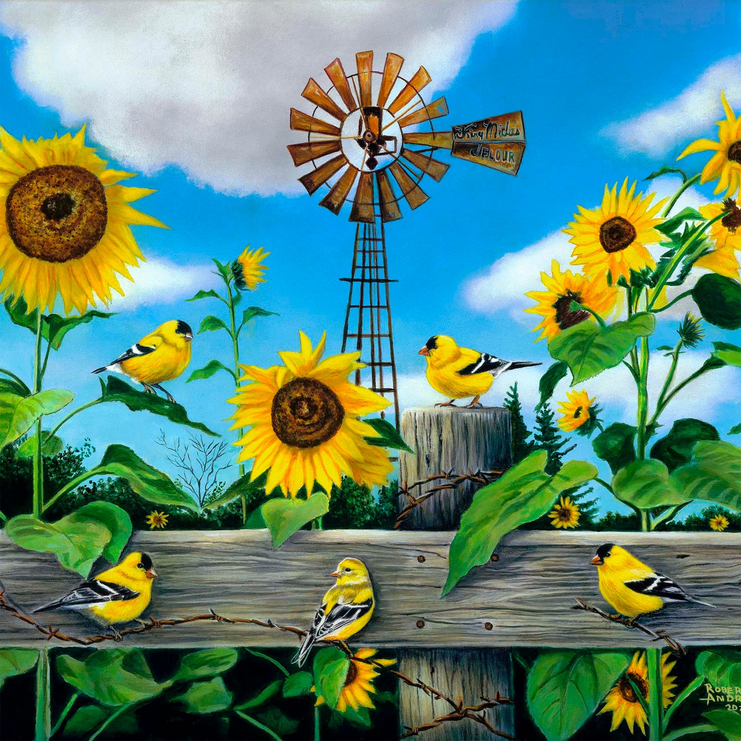 A painting of a field of sunflowers and yellow American Goldfinches, also known as chickadees. The sky is a vibrant blue, and a windmill sits in the background.