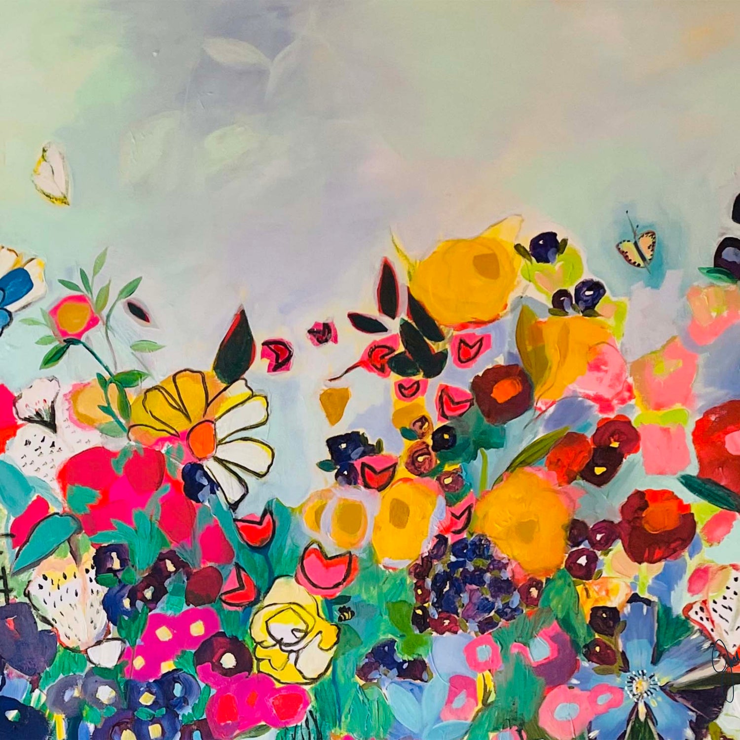 Painting of a garden of colorful flowers, with a few small butterflies flying about.