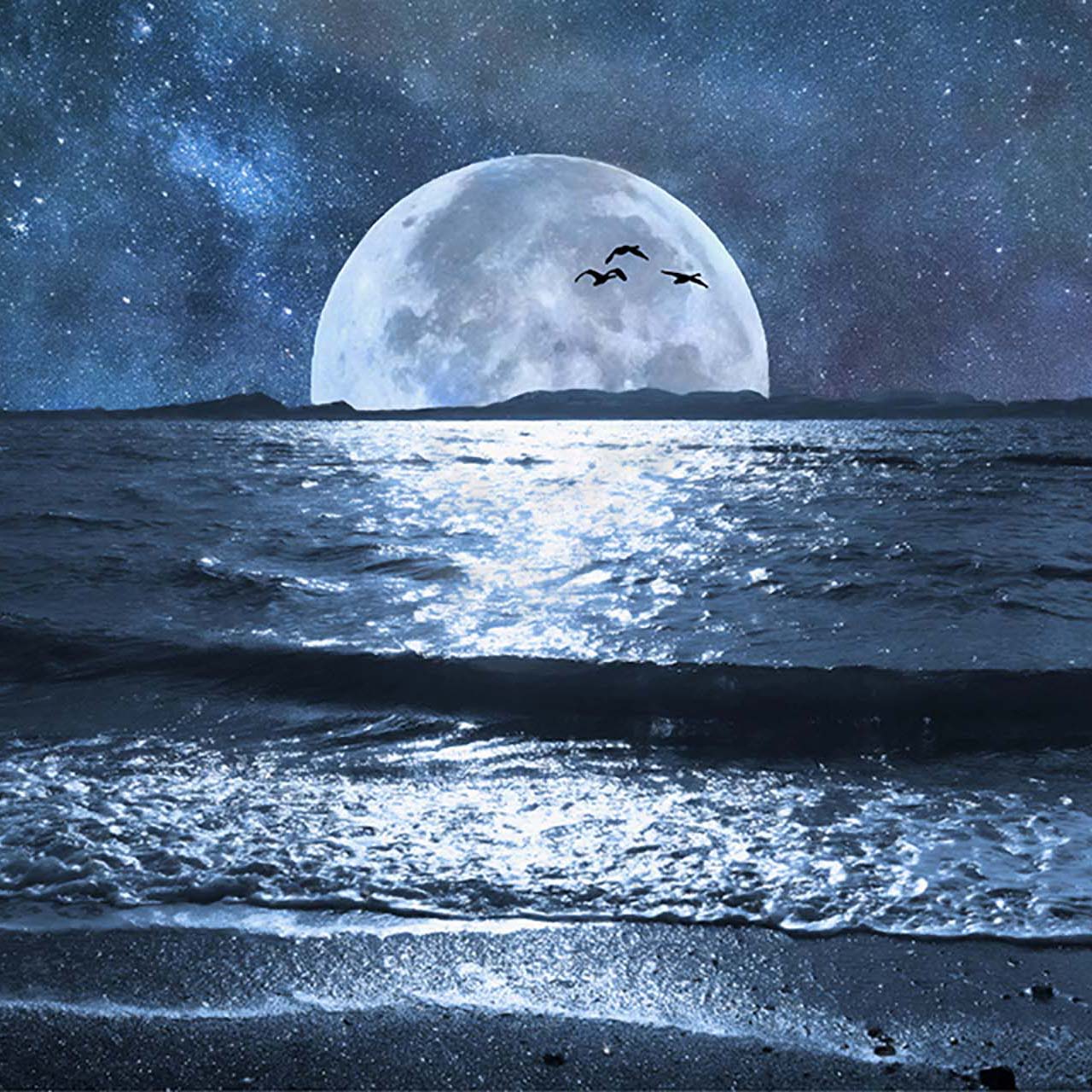 A full moon over the horizon of a calm, dark sea during a starry night.