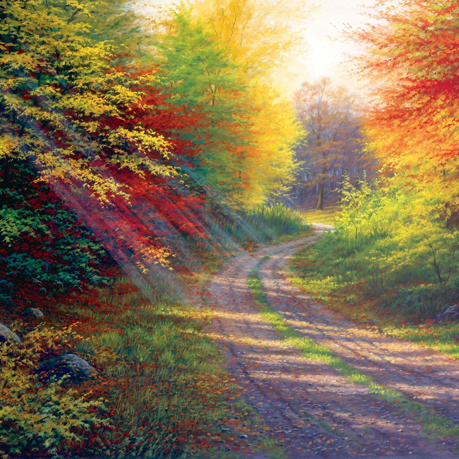 A landscape painting of a gravel road winding thorugh an autumn forest with a mix of vibrant red, yellow, and green leaves.