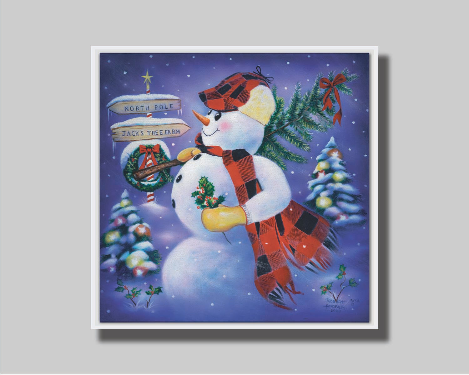 A painting of a snowman carrying a small Christmas tree, holding holly. It is standing by a sign indicating that it is taking the tree from Jack's Tree Farm to the North Pole. Printed on canvas in a float frame.