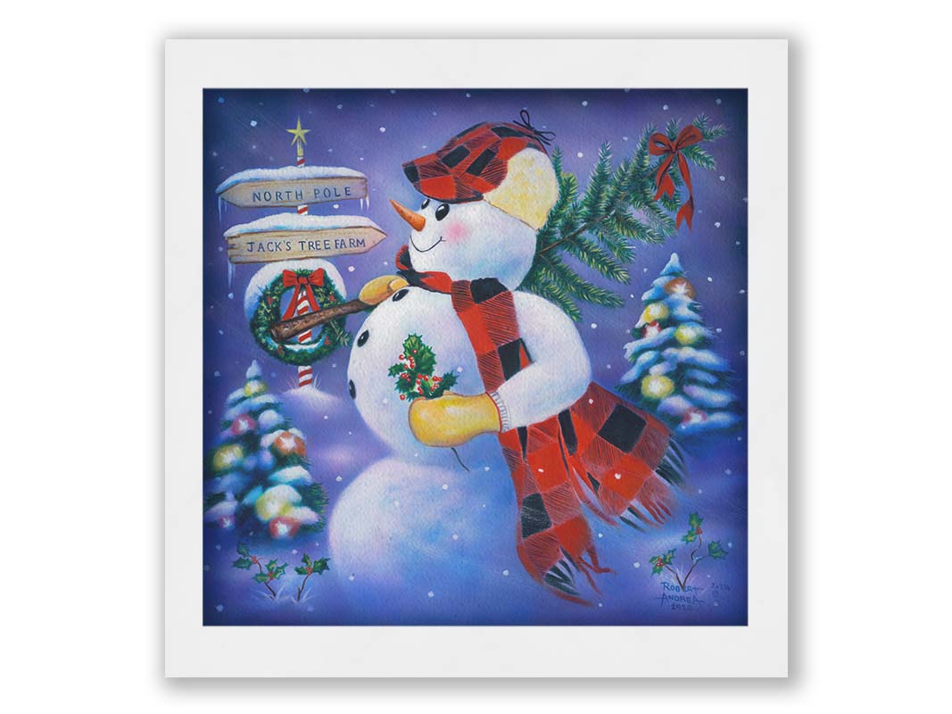 A painting of a snowman carrying a small Christmas tree, holding holly. It is standing by a sign indicating that it is taking the tree from Jack's Tree Farm to the North Pole. Printed on canvas and framed.