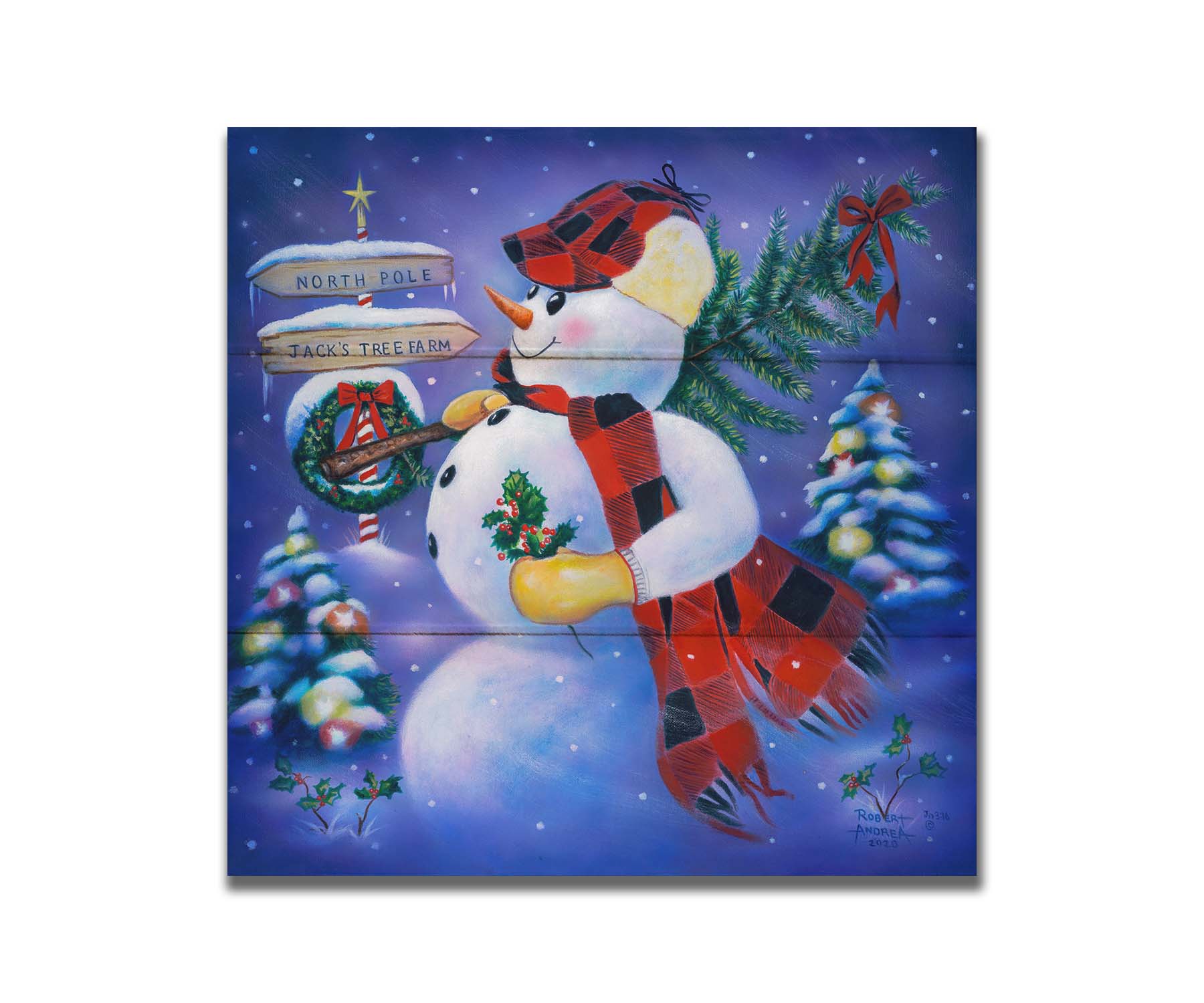 A painting of a snowman carrying a small Christmas tree, holding holly. It is standing by a sign indicating that it is taking the tree from Jack's Tree Farm to the North Pole. Printed on a box board.