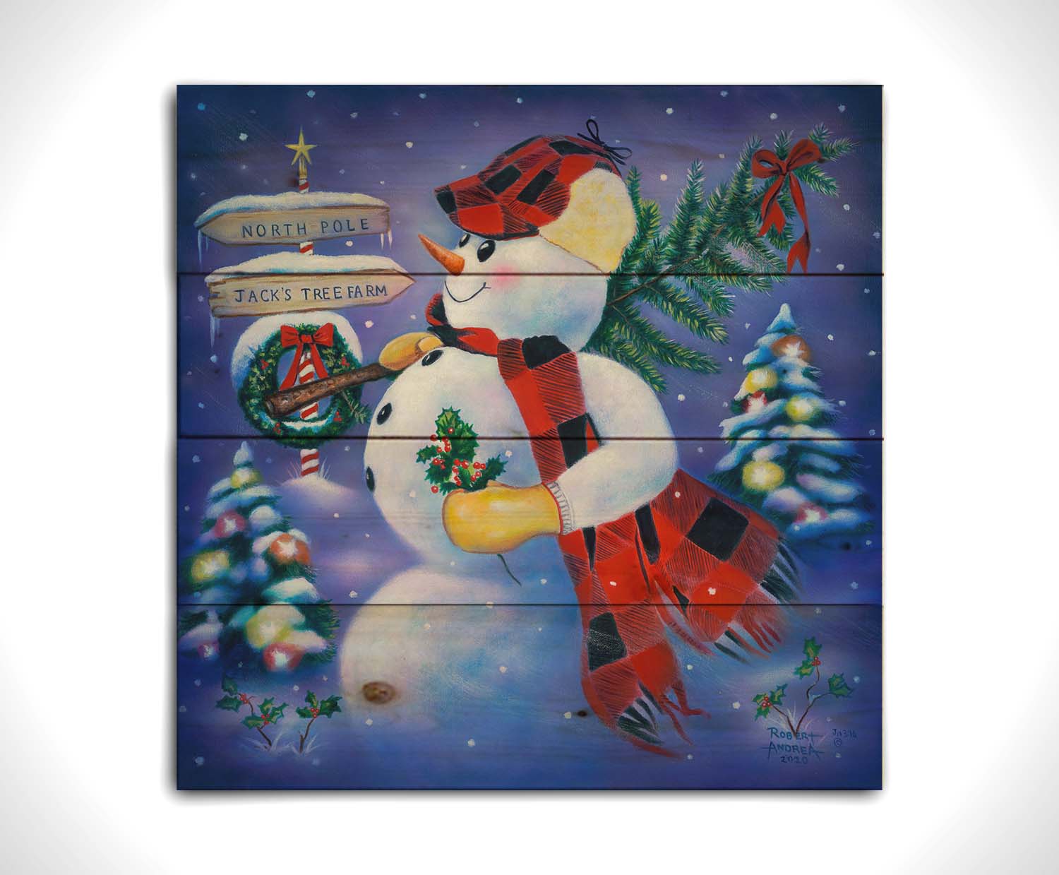 A painting of a snowman carrying a small Christmas tree, holding holly. It is standing by a sign indicating that it is taking the tree from Jack's Tree Farm to the North Pole. Printed on a wood pallet.