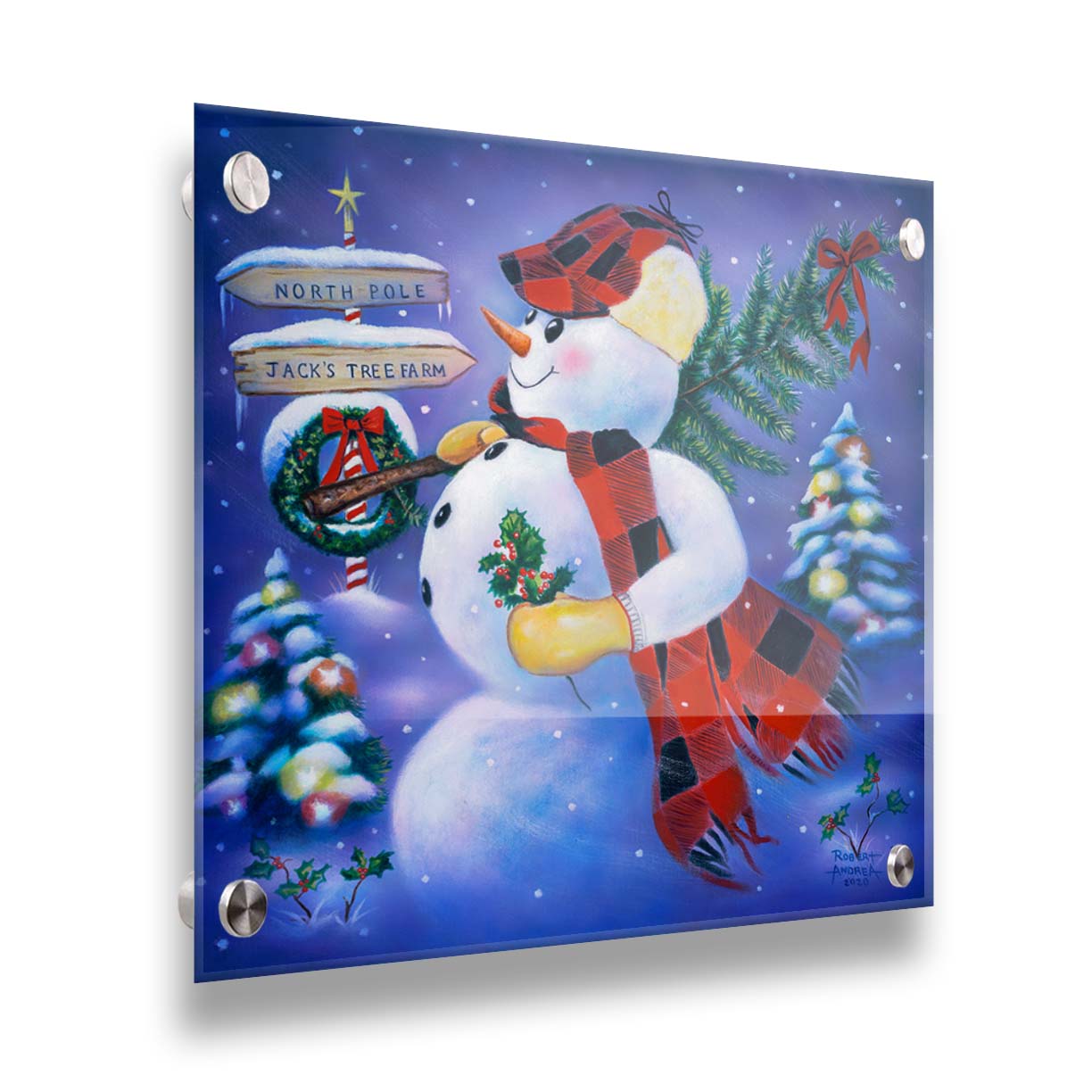 A painting of a snowman carrying a small Christmas tree, holding holly. It is standing by a sign indicating that it is taking the tree from Jack's Tree Farm to the North Pole. Printed on acrylic.