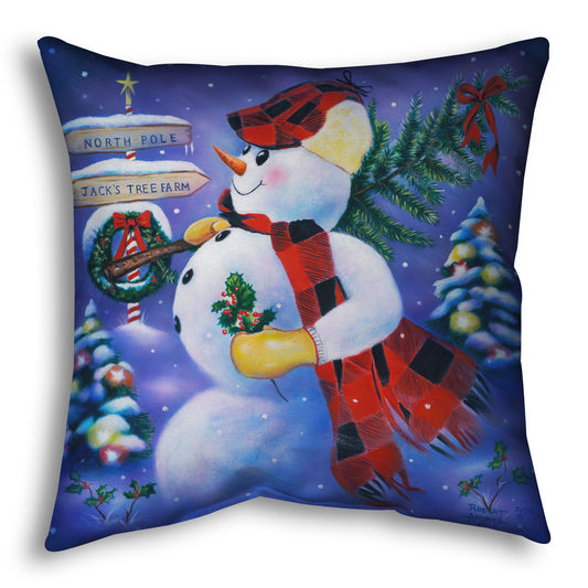 Throw pillow designed with a painting of an anthropomorphized snowman, carrying a small christmas tree as it travels to the north pole.