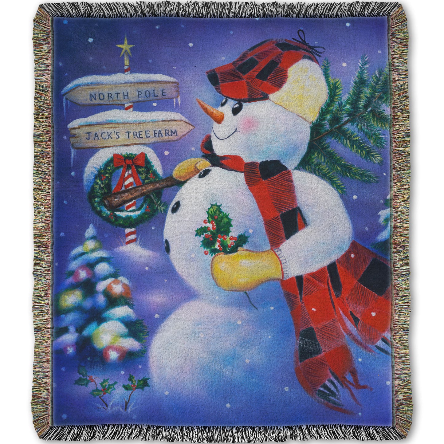 Woven throw blanket designed with a painting of an anthropomorphized snowman, carrying a small christmas tree as it travels to the north pole.
