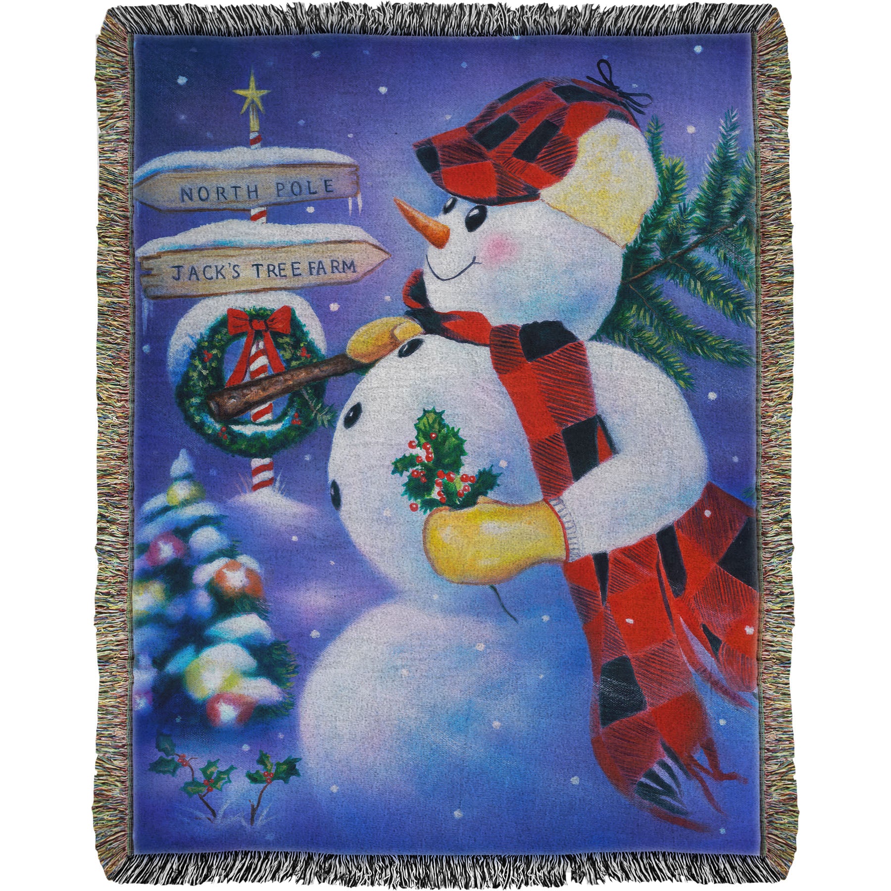 Woven throw blanket designed with a painting of an anthropomorphized snowman, carrying a small christmas tree as it travels to the north pole.