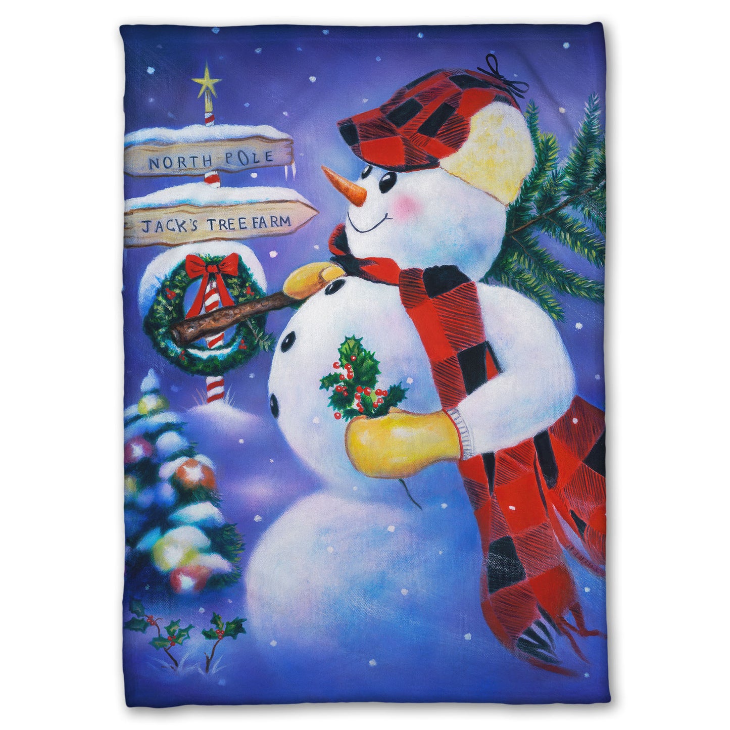 Coral fleece blanket designed with a painting of an anthropomorphized snowman, carrying a small christmas tree as it travels to the north pole.