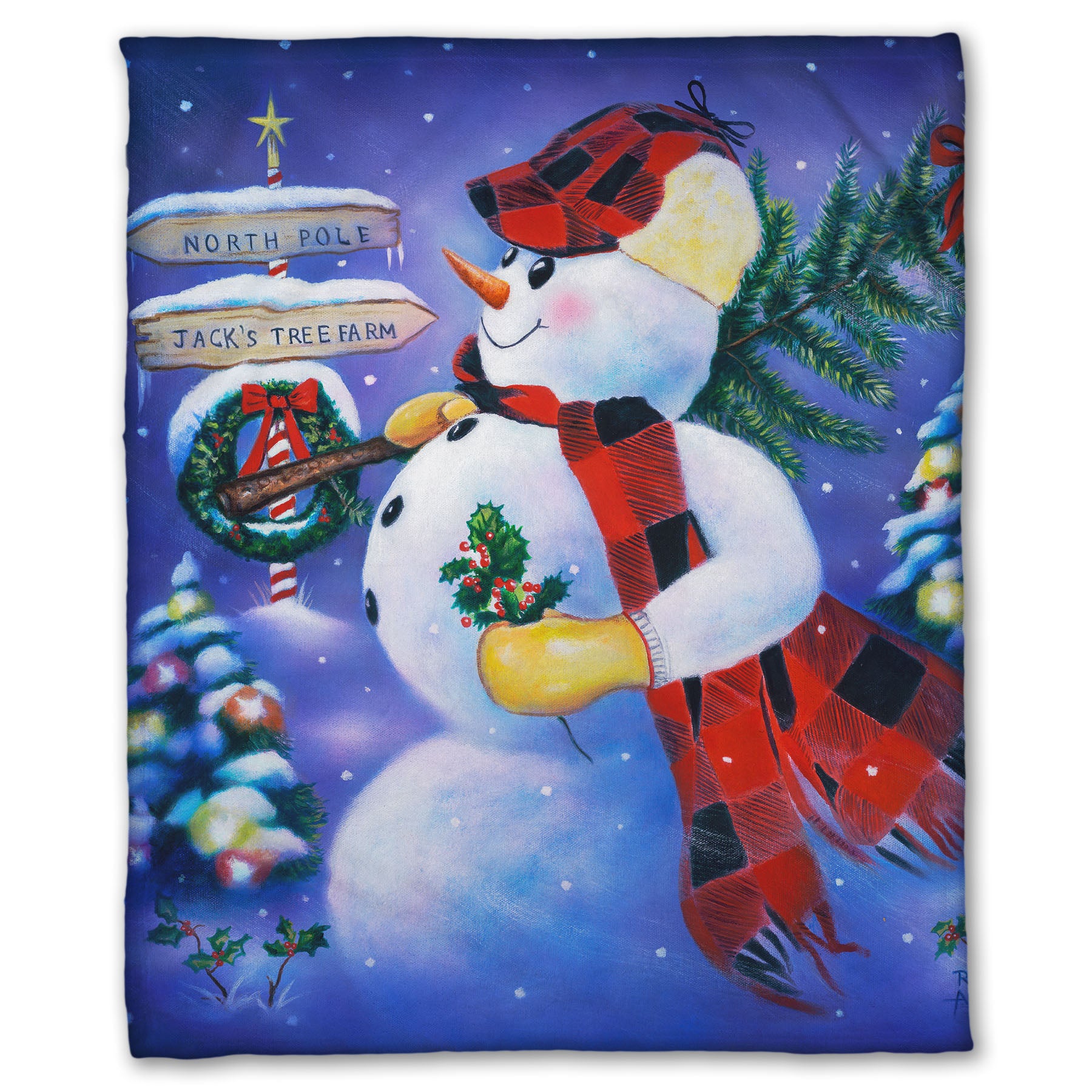 Coral fleece blanket designed with a painting of an anthropomorphized snowman, carrying a small christmas tree as it travels to the north pole.